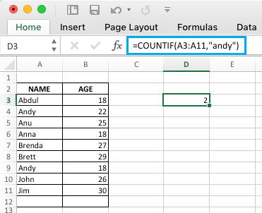 Функция СЧЕТЕСЛИ в Excel для подсчета людей с одинаковыми именами