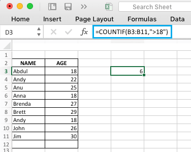 Функция СЧЁТЕСЛИ в Excel для подсчета значений больше числа