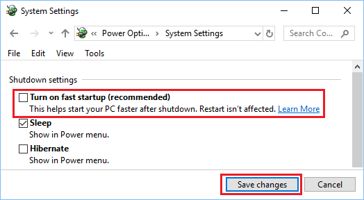 Отключить опцию быстрого запуска в Windows 10