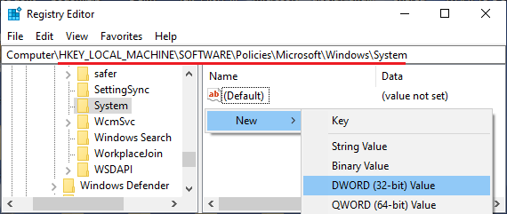 Создать новый DWORD в системной папке Windows
