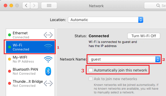 Отключить параметр автоматического подключения к сети на Mac