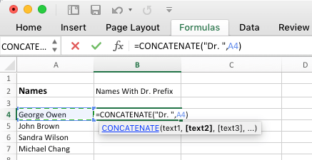 Добавить префикс в Excel с помощью функции конкатенации