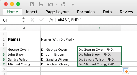 Добавить суффикс к группе ячеек в Excel с помощью оператора «&»