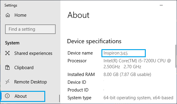 Имя компьютера Windows на экране настроек системы