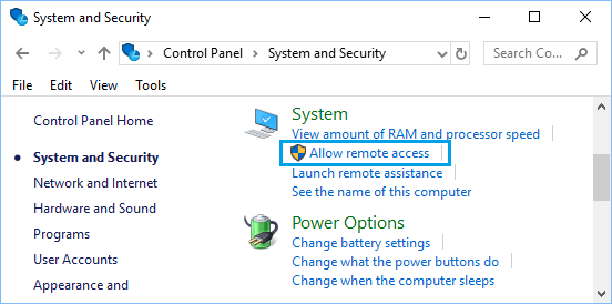 Разрешить удаленный доступ на экране панели управления Windows