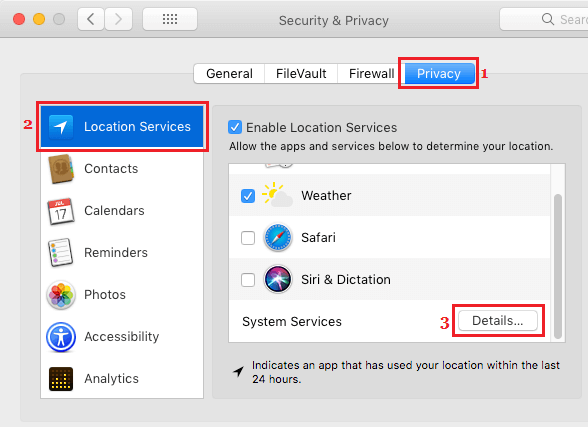 Параметр настроек служб геолокации на экране конфиденциальности на Mac