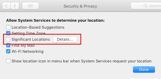 Просмотр сведений и отключение службы значимых местоположений на Mac