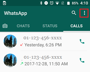Значок меню из 3 точек в WhatsApp на телефоне Android