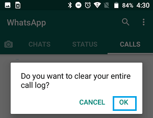 Всплывающее окно Очистить весь журнал вызовов в WhatsApp на телефоне Android