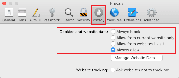 Включение или отключение файлов cookie в браузере Mac Safari