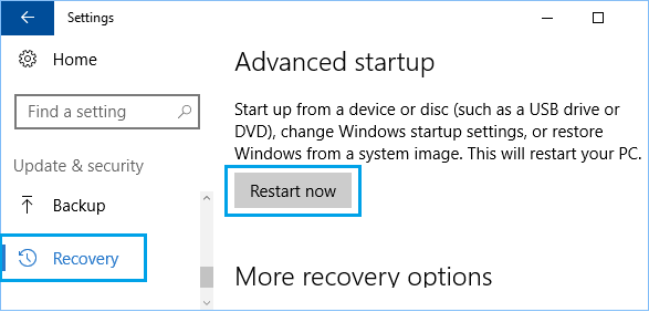 Вариант восстановления на экране настроек Windows 10
