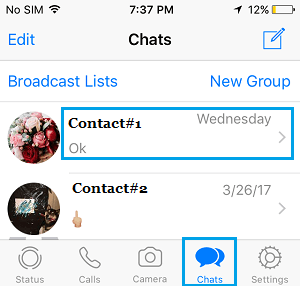 Контакты на экране чатов WhatsApp на iPhone