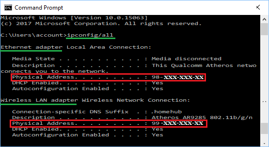 MAC-адрес сетей WiFi и Ethernet в окне командной строки Windows 10