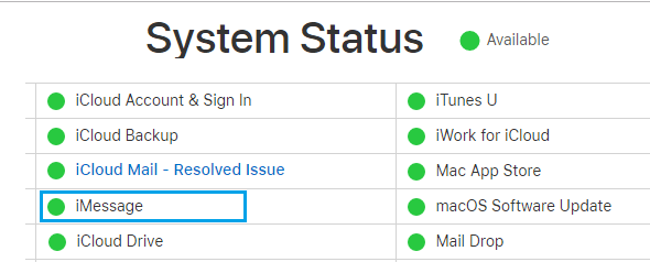 Статус iMessage на странице статуса обслуживания Apple