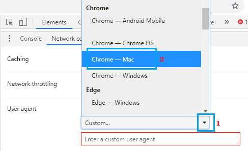 Выберите User Agent в браузере Chrome