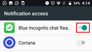 Разрешить доступ к уведомлениям приложения Blue Incognito Chat Reader