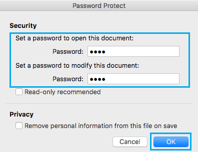 Введите пароль в Word 2016 для Mac