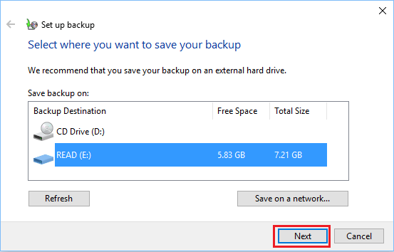 Выберите резервный диск для резервного копирования файлов в Windows 10