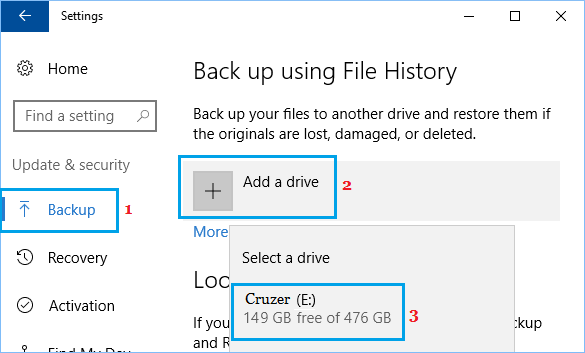 Добавить диск для резервного копирования истории файлов Windows