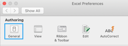 Откройте общие настройки Excel на Mac