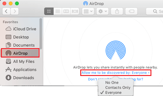 Разрешить обнаружение всем Опция AirDrop на Mac 