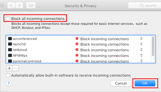 Разблокировать все входящие подключения к Mac