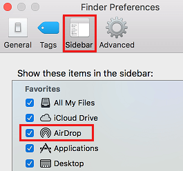 Показать AirDrop в меню боковой панели Finder на Mac