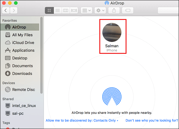 iPhone в списке устройств AirDrop на Mac