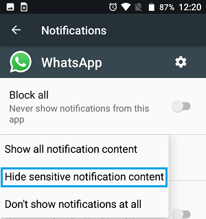 Скрыть конфиденциальное содержимое уведомлений для уведомлений WhatsApp на телефоне Android