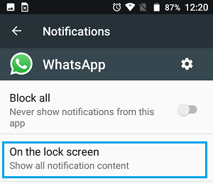 Опция настройки уведомлений на экране блокировки для WhatsApp на телефоне Android