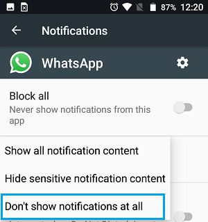 Не показывать уведомления WhatsApp вообще на телефоне Android