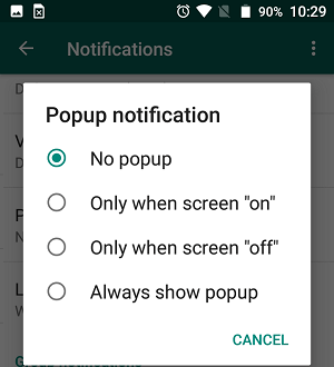 Экран настроек всплывающих уведомлений для WhatsApp на телефоне Android