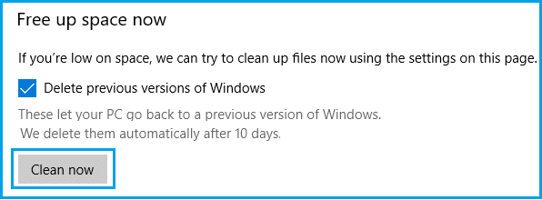 Удаление предыдущих версий Windows с помощью Storage Sense