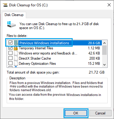 Удаление предыдущих установок Windows с помощью очистки диска