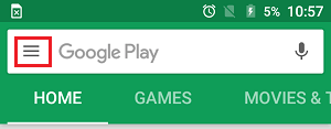 3-строчный значок меню в Google Play Store на Android