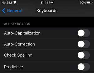 Отключить автокоррекцию и другие функции Keayboard на iPhone