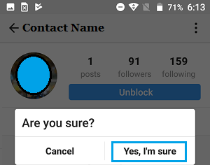 Подтвердите блокировку контакта в Instagram