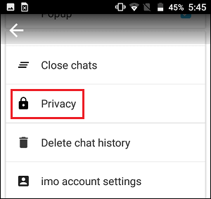 Вкладка конфиденциальности imo на телефоне Android