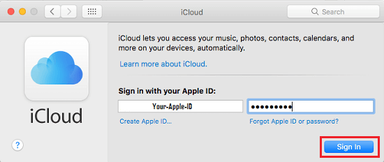 Войдите в iCloud, используя Apple ID и пароль