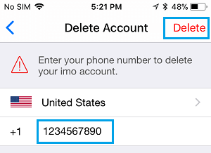 Введите номер телефона, чтобы удалить учетную запись imo на iPhone
