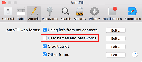 Остановить Safari от сохранения имен пользователей и паролей
