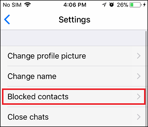 Вкладка заблокированных контактов в imo на iPhone