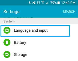 Выбор языка и ввода на экране настроек на телефоне Android