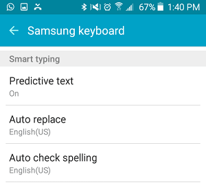 Параметр автоматической замены в клавиатуре Samsung