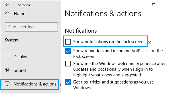 Отключить уведомления на экране блокировки на ПК с Windows