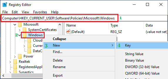 Создать новый ключ реестра в папке Windows 
