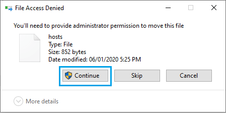 Всплывающее окно отказа в доступе к файлу