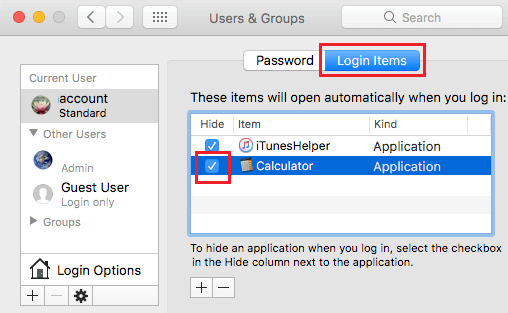 Вкладка «Элементы входа» и параметр «Скрыть запускаемое приложение» на Mac
