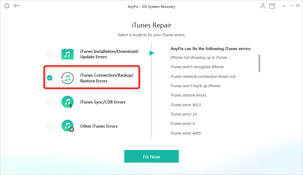 Выберите iTunes Connection / Backup / Restore Errors для исправления