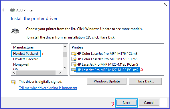 Выберите драйвер принтера для установки в Windows